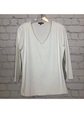 Judy P White V Neck Top Size M Stretch Knit 3/4 Sleeve